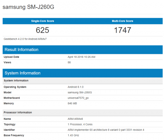 Samsung SM-J260G Geekbench listing Samsung SM-J260G Geekbench listing