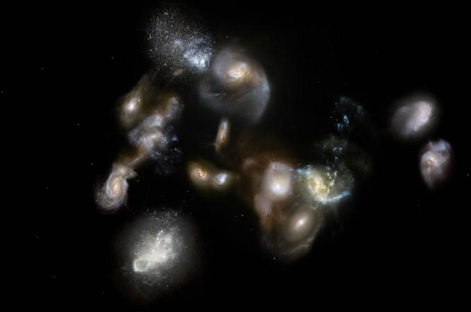 This artist's impression of SPT2349-56 shows a group of interacting and merging galaxies in the early Universe Galaxy cluster