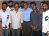 Jayaprakash Narayan poses with producer DVV Danayya and director Koratala Siva
