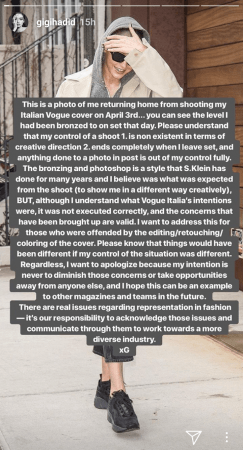 Gigi Hadid's Instagram story regarding Vogue Italia controversy Gigi Hadid's Instagram story regarding Vogue Italia controversy