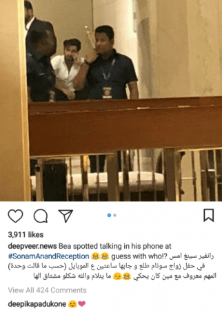 Deepika Padukone's reaction to a photo of Ranveer Singh talking on the phone. Ranveer was spotted making a 3 AM call while attending Sonam Kapoor's wedding. ranveer singh