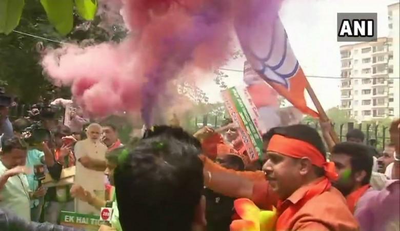 BJP celebrating in Delhi. KARNATAKA ASSEMBLY ELECTIONS