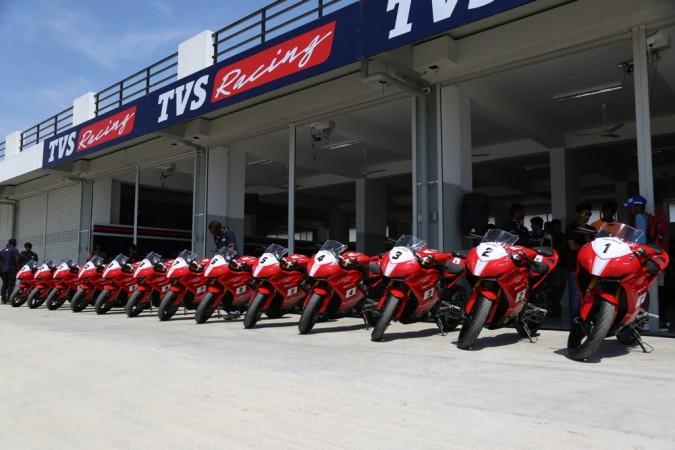 Race ready TVS Apache RR 310 bikes at MMRT race track TVS Apache RR one make series