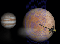 Artist's illustration of Jupiter and Europa (in the foreground) with the Galileo spacecraft