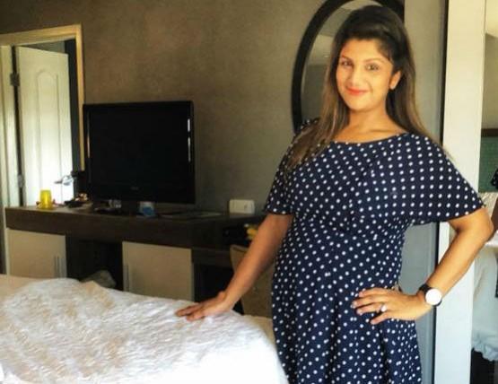 A picture of pregnant Rambha showing off her baby bump. Rambha showing of her baby bump