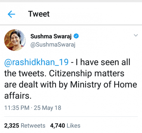 Screengrab of Sushma Swaraj's deleted tweet on Rashid Khan. Sushma Swaraj Tweet
