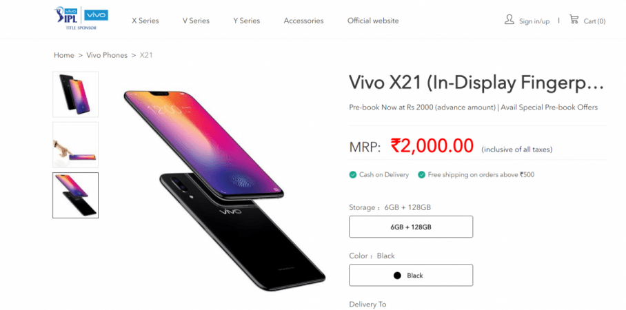 Vivo X21 can pre-booked for Rs 2,000 on Vivo India official e-store page. Vivo, X21, Flipkart, pre-order