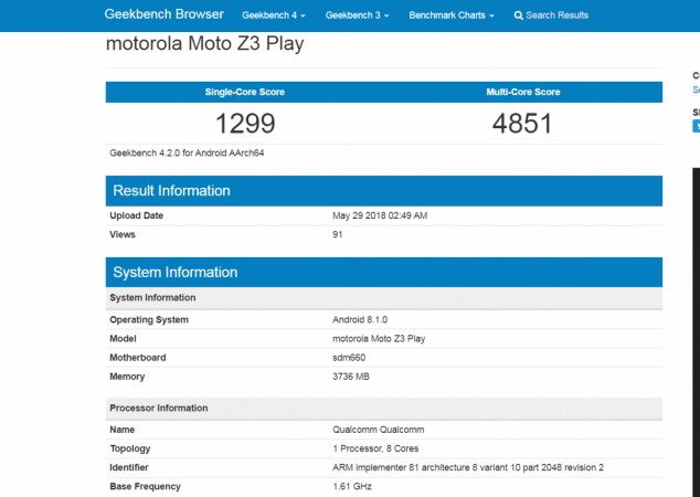 Motorola Moto Z3 Play tipped to come with Qualcomm Snapdragon 660 octa-core CPU Motorola, Moto Z3 Play, Geekbench