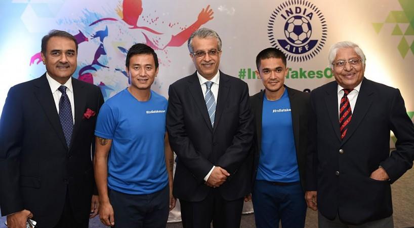 File photo of Sunil Chhetri (2nd from right) and Baichung Bhutia (2nd from left). Sunil Chhetri and Baichung Bhutia