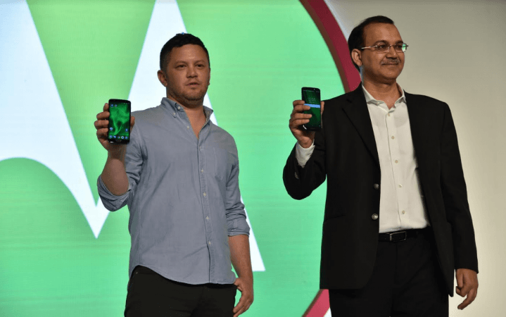 Thomas Milner – Head of Product, Marketing (Left) along with Shashank Sharma – Executive Director, Asia Pacific at the Motorola Moto G6 and Moto G6 Play launch in New Delhi, June 4, 2018. Motorola, Moto G6, Moto G6 Play,
