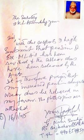 The letter to the Secretary, J&K Assembly, written by Sumji seeking an enhancement in MLA pension had gone viral. hurriyat