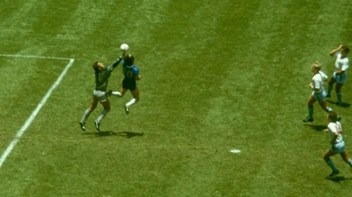 Diego Maradona scores the infamous Diego Maradona hand of God