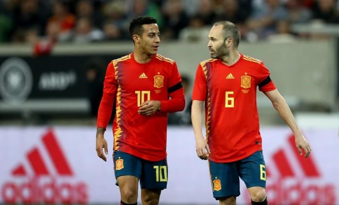 Thiago Alcantara and Andres Iniesta in an international friendly against Germany for Spain Thiago Alcantara Andres Iniesta Spain