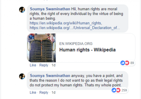 Here's Soumya Swaminathan's reply to one of the Facebook users' comment. Soumya Swaminathan