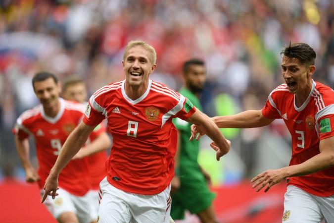 Gazinsky of Russia celebrates after scoring his team's first goal at Fifa World Cup 2018. Yuri Gazinsky