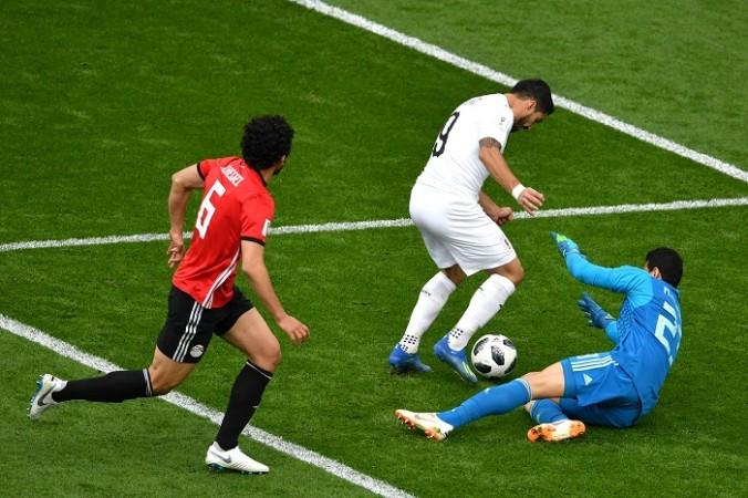 Luis Suarez is denied brilliantly by Elshenawy, who was outstanding for Egypt Luis Suarez Uruguay Elshenawy Egypt