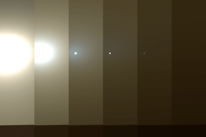 This series of images shows simulated views of a darkening Martian sky blotting out the Sun from NASA's Opportunity rover's point of view, with the right side simulating Opportunity's current view in the global dust storm (June 2018) Martian storms
