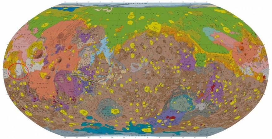 A global geographic map of Mars, with the location of the Medusae Fossae Formation circled in red Geological map of Mars
