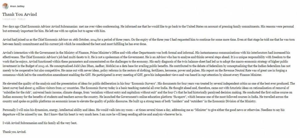 Jaitley's post on Arvind Subramanian Jaitley's post on ARvind Subramanian