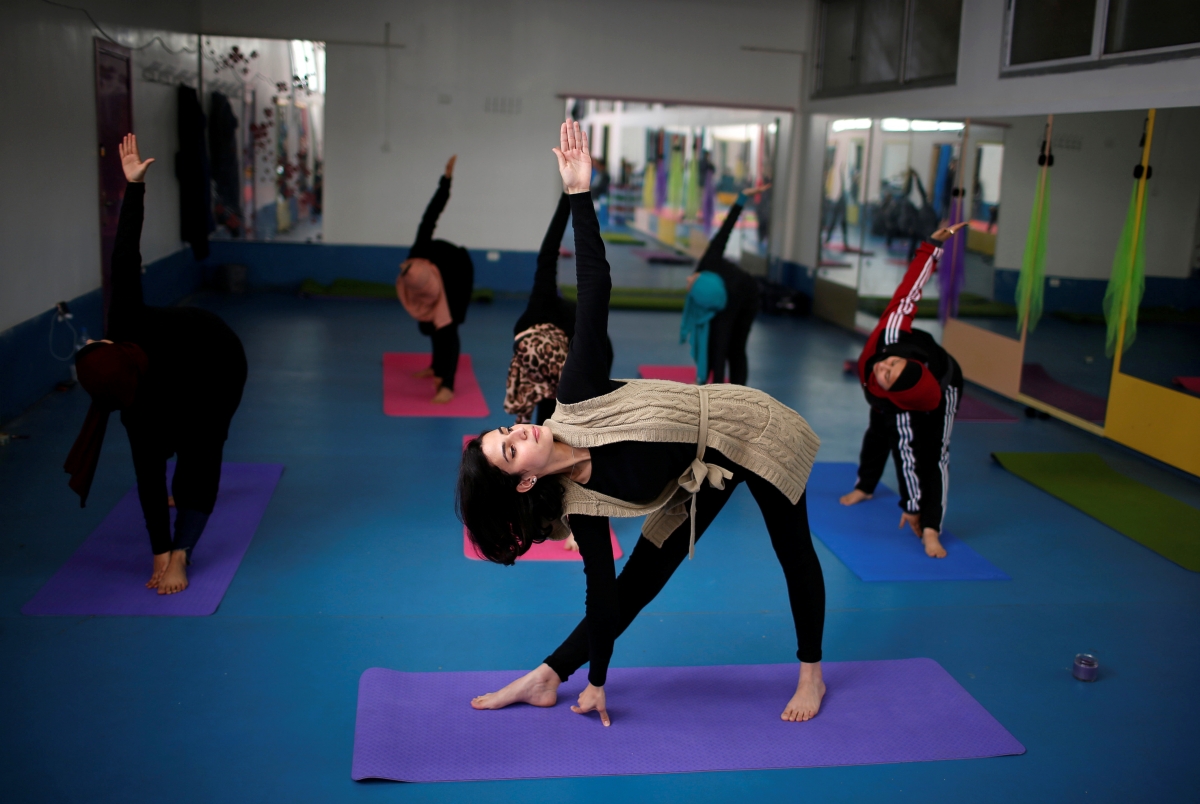Palestinian women take part in a yoga session in Gaza City March 28, 2018 yoga