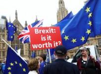 Anti-Brexit demonstrators protest opposite the Houses of Parliament in London, Britain, June 12, 2018