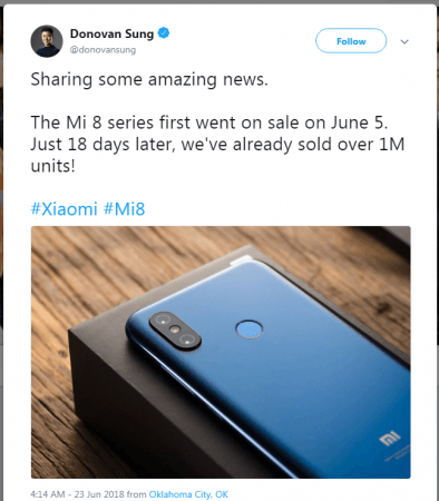 Donovan Sung's tweet about Mi 8 series sales Donovan Sung's tweet about Mi 8 series sales
