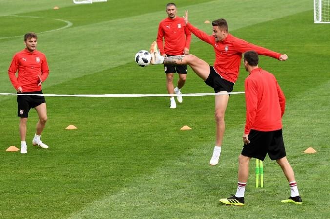 Serbia players seem to be enjoying themselves at a training session Serbia Sergej Milinkovic-Savic
