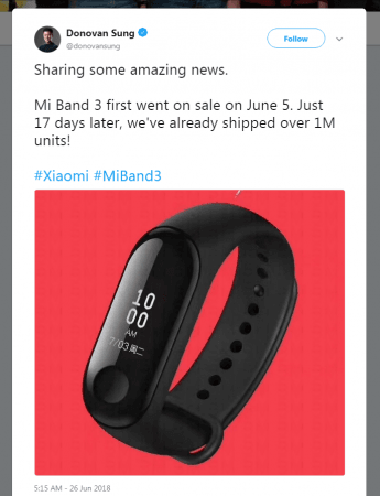Xiaomi Mi Band 3 hits first million Xiaomi Mi Band 3 hits first million