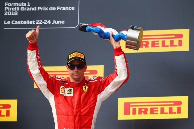 Third place finisher Kimi Raikkonen of Finland and Ferrari celebrates on the podium during the Formula One Grand Prix of France at Circuit Paul Ricard on June 24, 2018 Kimi Raikkonen