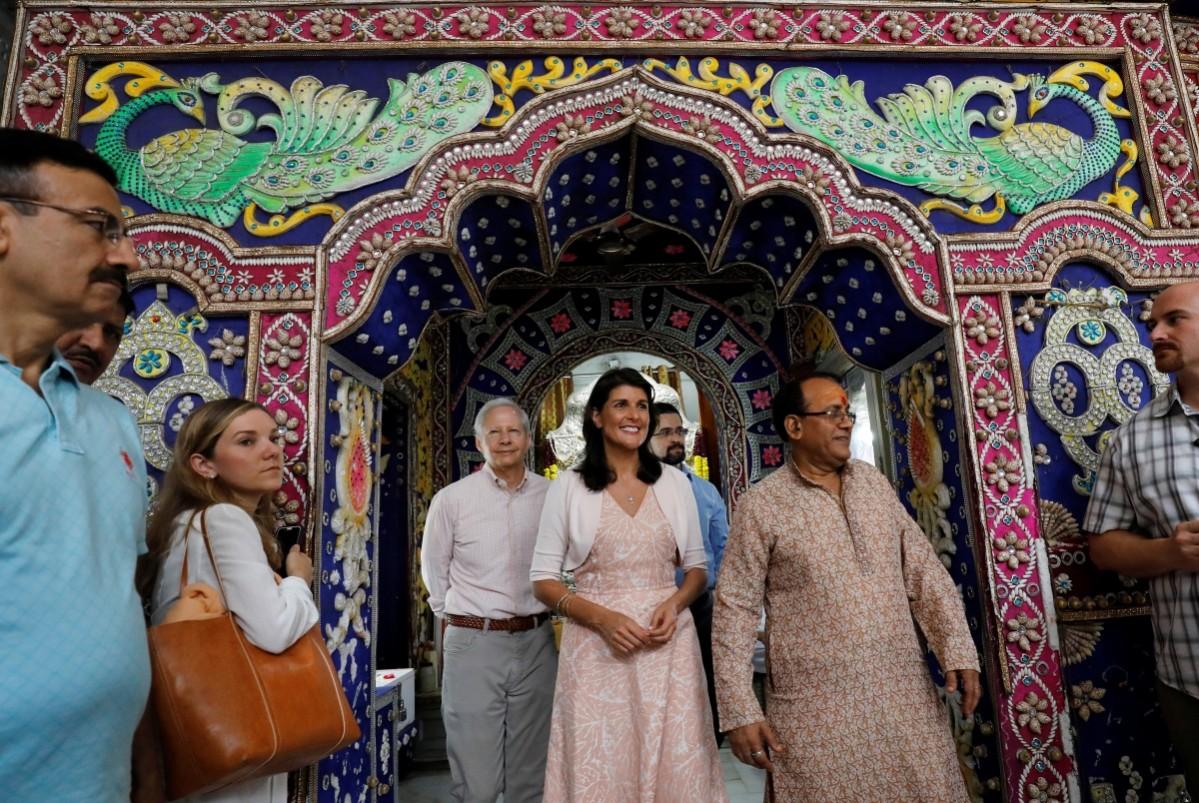 U.S. Ambassador to the United Nations Nikki Haley comes out after visiting a Hindu temple in the old quarters of Delhi, India June 28, 2018. Nikki haley