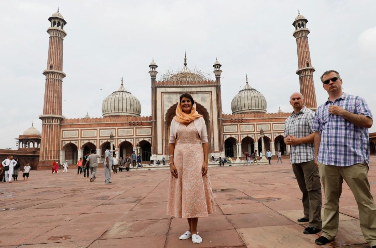 U.S. Ambassador to the United Nations Nikki Haley poses for a photograph during her visit to the Jama Masjid (Grand Mosque) in the old quarters of Delhi, India, June 28, 2018. Nikki haley