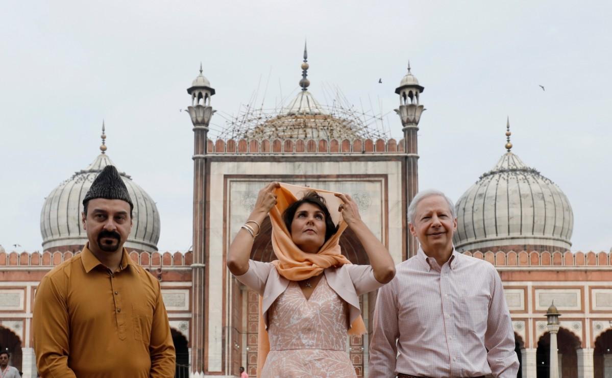 U.S. Ambassador to the United Nations Nikki Haley poses for a photograph during her visit to the Jama Masjid (Grand Mosque) in the old quarters of Delhi, India, June 28, 2018. Nikki haley