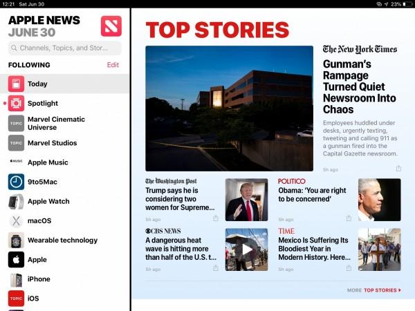 The News app in iOS 12 on iPad, with a new sidebar iPad's News App in iOS 12