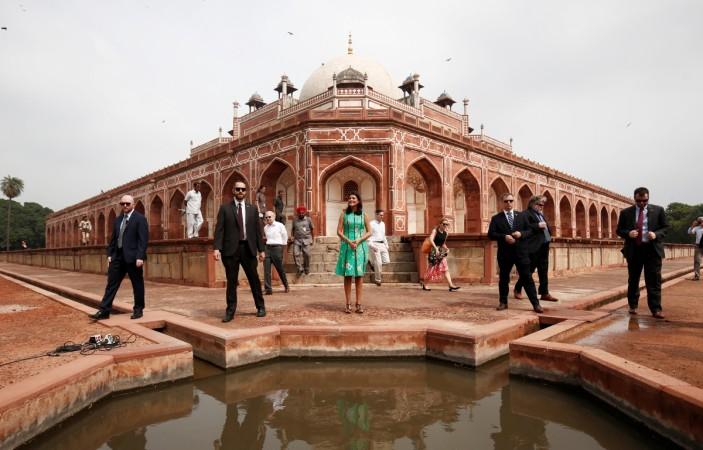 U.S. Ambassador to the United Nations Nikki Haley (C) poses in front of Humayun's Tomb during her recent visit to New Delhi. Picture taken: June 27, 2018. Nikki Haley at Humayun's Tomb