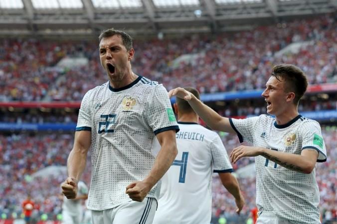 Artem Dzyuba celebrates after scoring the equaliser for Russia Artem Dzyuba Russia Spain