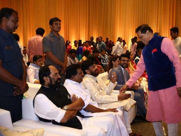 Chiranjeevi and Ram Chara at T Subbarami Reddy's grandson wedding Chiranjeevi and Ram Chara at T Subbarami Reddy's grandson wedding