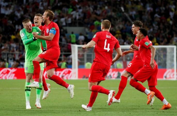 Soccer Football - World Cup - Round of 16 - Colombia vs England - Spartak Stadium, Moscow, Russia - July 3, 2018 England's Eric Dier celebrate winning the penalty shootout with team mates Eric Dier celebrates winning the penalty shootout with his team mates