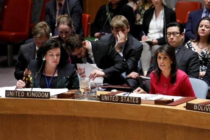 United States Ambassador to the United Nations Nikki Haley speaks while UK Ambassador to the United Nations Karen Pierce looks on during a United Nations Security Council meeting on a chemical weapons watchdog report that concluded a nerve agent was used in the attempted murder of former Russian spy Sergei Skripal at the U.N. headquarters in New York Nikki Haley at the UNSC meeting on chemical weapons report
