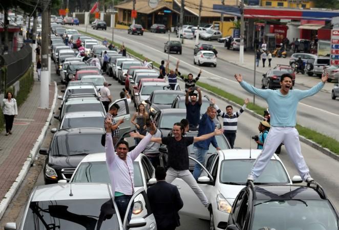Uber drivers protest against a legislation threatening the company's business model that is to be voted in Brazil's national congress, in Sao Paulo Uber drivers protest in Brazil