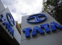 Tata Motors logos are seen at their flagship showroom
