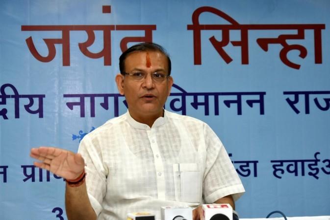 Union MoS Civil Aviation Jayant Sinha addresses a press conference at Birsa Munda International Airport in Ranchi on March 31, 2018. BJP leader Jayant Sinha