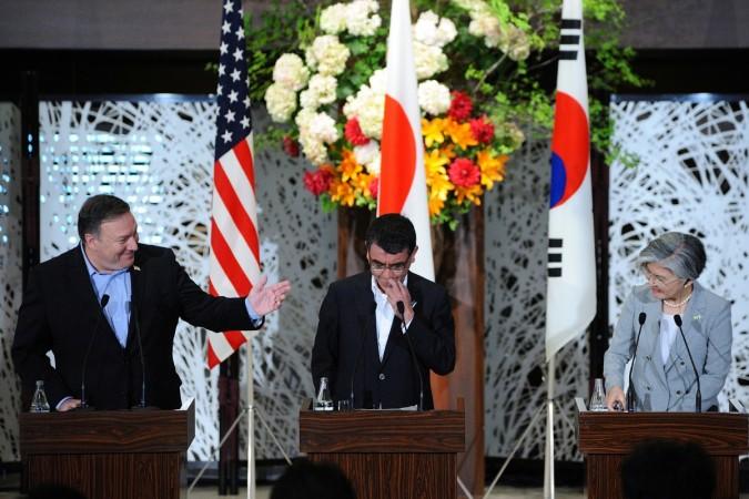 U.S. Secretary of State Mike Pompeo (L), Japan's Foreign Minister Taro Kono (C) and South Korean Foreign Minister Kang Kyung-wha (R) attend a joint press conference at the Japan-US-ROK Trilateral Foreign Ministers' Meeting on July 08, 2018 at the Iikura Guesthouse of the Foreign Ministry in Tokyo, Japan Mike Pompeo (L), Japan's Foreign Minister Taro Kono (C) and South Korean Foreign Minister Kang Kyung-wha