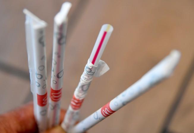 Plastic straws can be seen at a McDonald's restaurant, after it was revealed that they are to replace their plastic straws with paper ones in UK and Ireland restaurants, in London, Britain McDonalds plastic straws