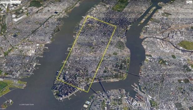 An iceberg recently broken off from Greenland's Helheim Glacier would stretch from lower Manhattan up to Midtown in New York City, as illustrated here Greenland ice