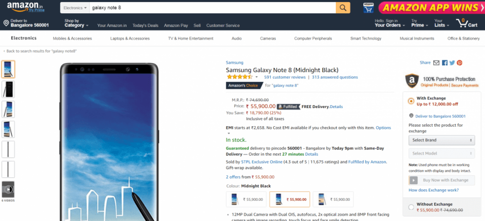 Samsung Galaxy Note8 can be bought for as low as Rs 43,900. Samsung, Galaxy Note8, Amazon, India, exchane deal