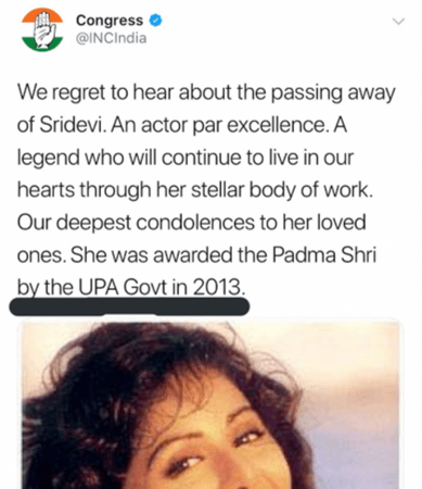 Congress' tweet on Sridevi Congress Tweet on Sridevi
