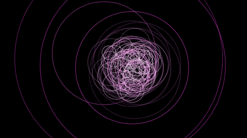 Fermi-detected gamma rays from TXS 0506 056 are shown as expanding circles. Their maximum size, color—from white (low) to magenta (high)—and associated tone indicate the energy of each ray. The first sequence shows typical emission; the second shows the 2017 flare leading to the neutrino detection. FERMI detection