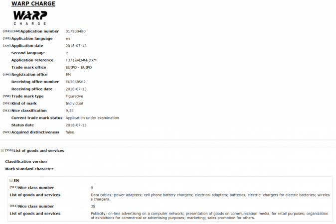 Warp Charge trademark filing by OnePlus Warp Charge trademark filing