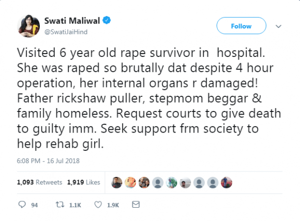 Swati Maliwal has demanded death for the child's perpetrator. Swati Maliwal