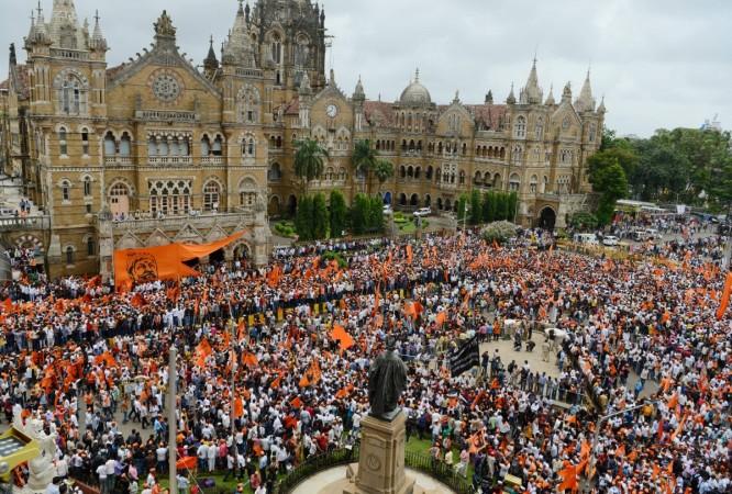 Indian members of the Maratha community in the state of Maharashtra take part in a rally in Mumbai on August 9, 2017. The Maratha Kranti Morcha silent protest is being held to demand employment quotas for the Maratha in state-run education institutions and government jobs, a minimum support price for farm produce, and amendments to the Scheduled Castes and Scheduled Tribes (Prevention of Atrocities) Act. maratha bandh